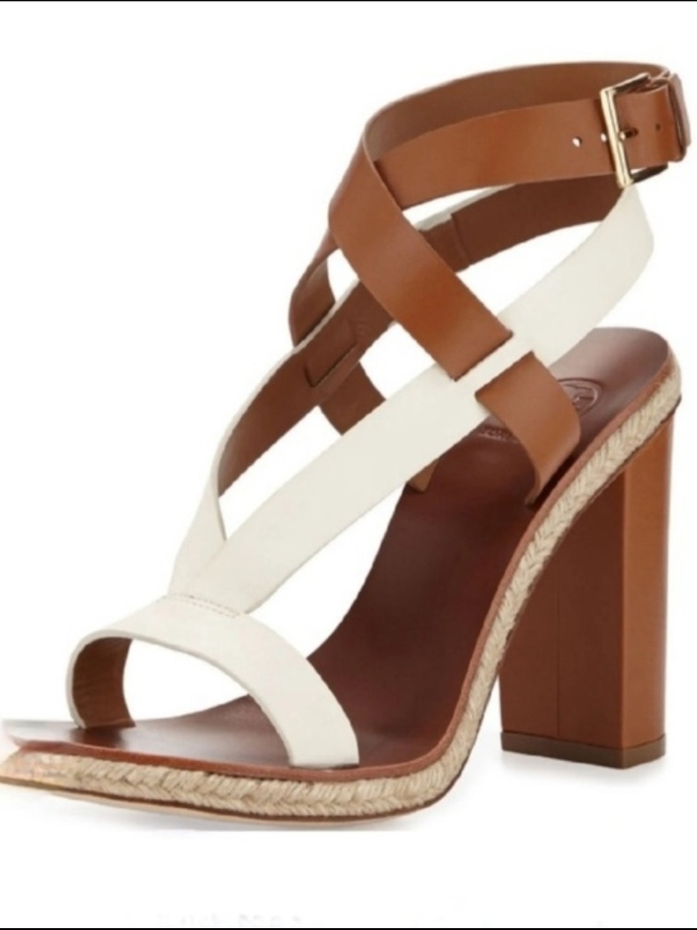 Tory Burch Two-Tone White and Brown Strappy Block Heel Sandal